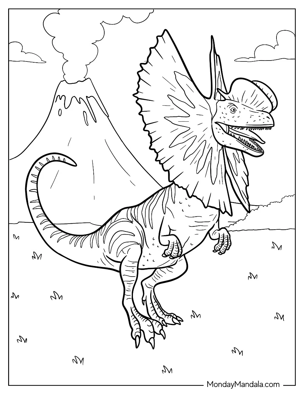Dilophosaurus Coloring Page In Front Of A Smoking Volcano coloring page