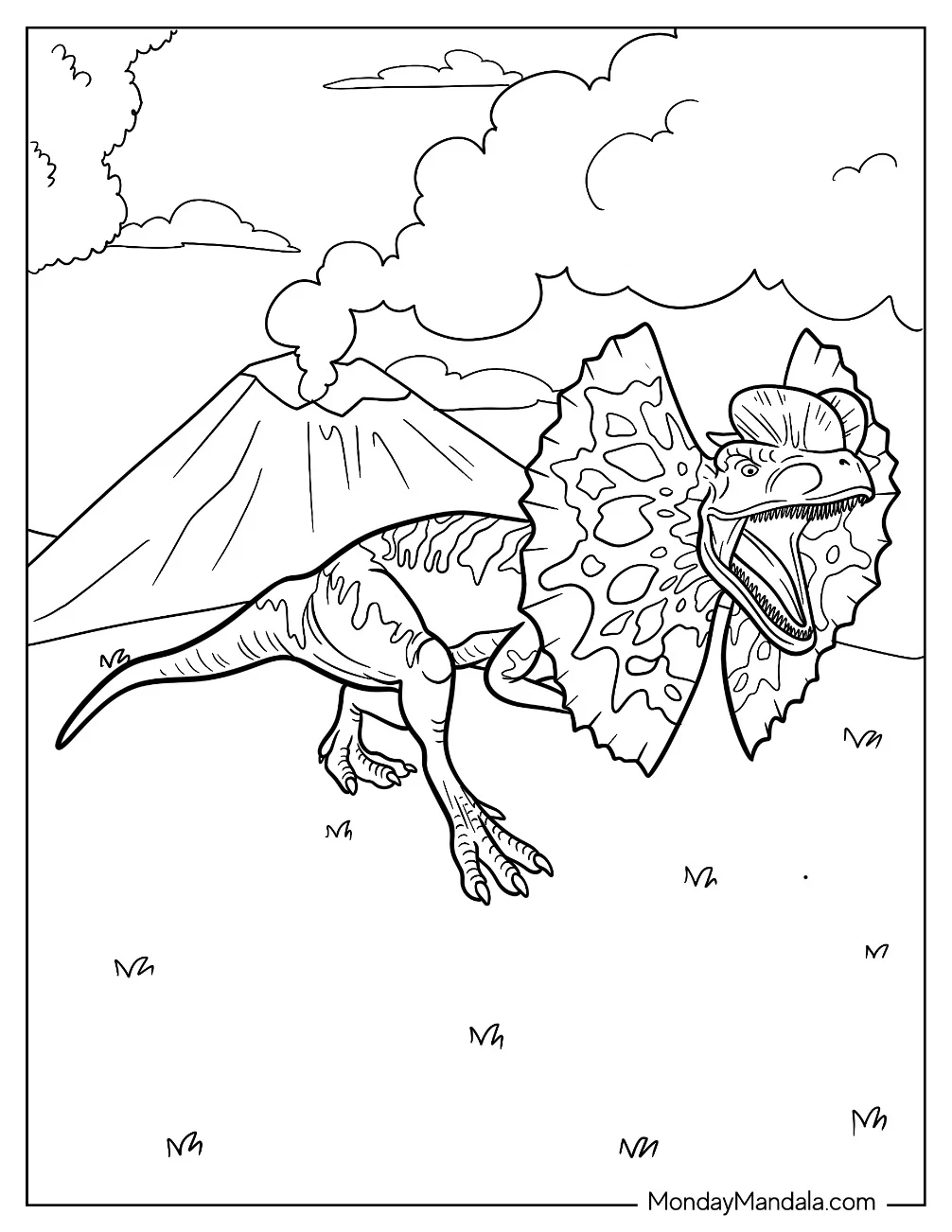 Dilophosaurus Coloring Page Running Away From Volcano coloring page