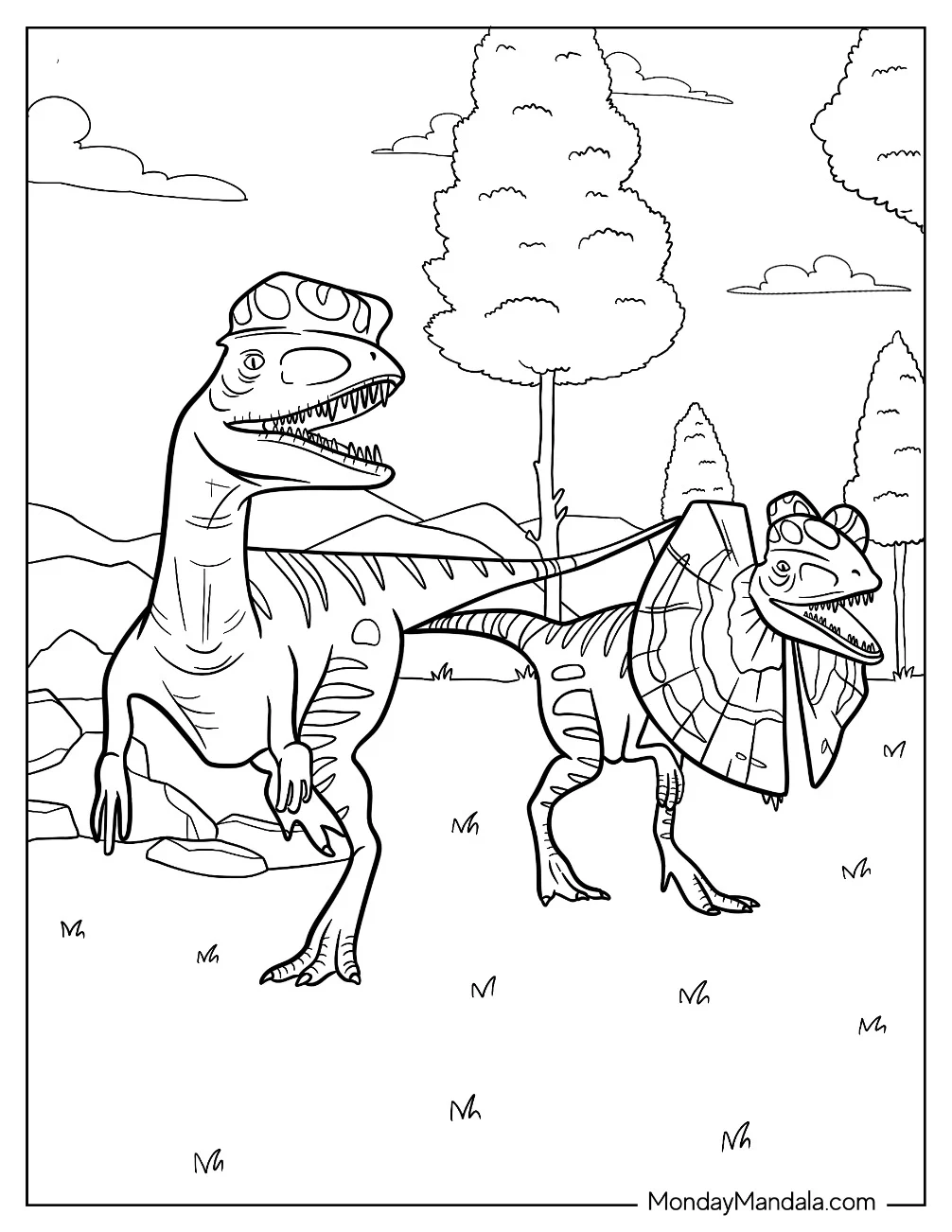 Dilophosaurus Coloring Page With Head Crest Hunting With A Dilophosaurus With Frills coloring page