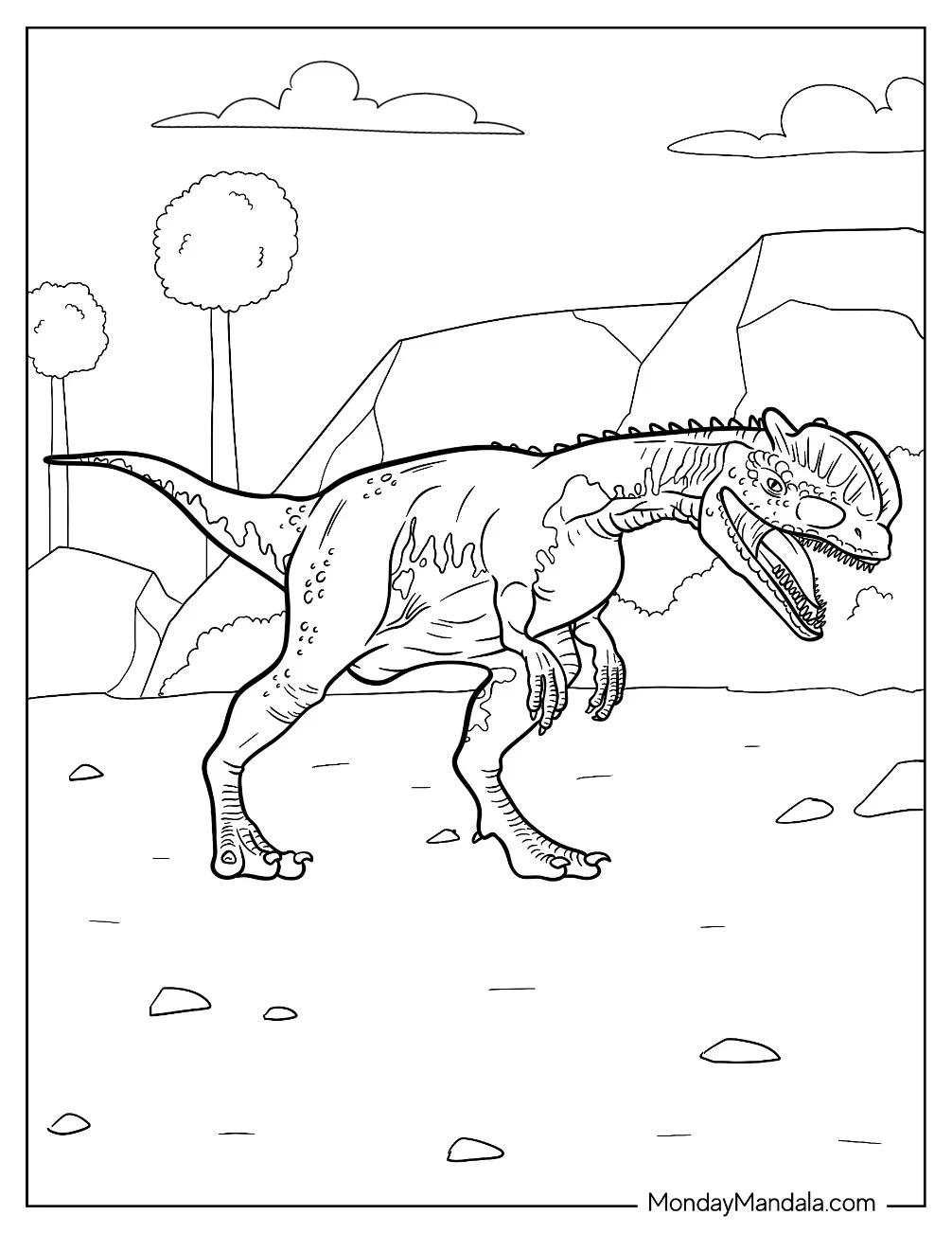 Dilophosaurus Coloring Page With Head Crest Walking coloring page — printable line art