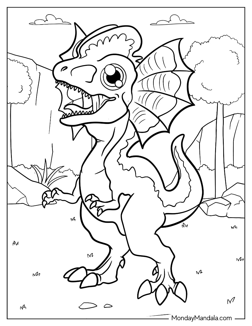 Kawaii Dilophosaurus Coloring Page In The Wild For Kids coloring page