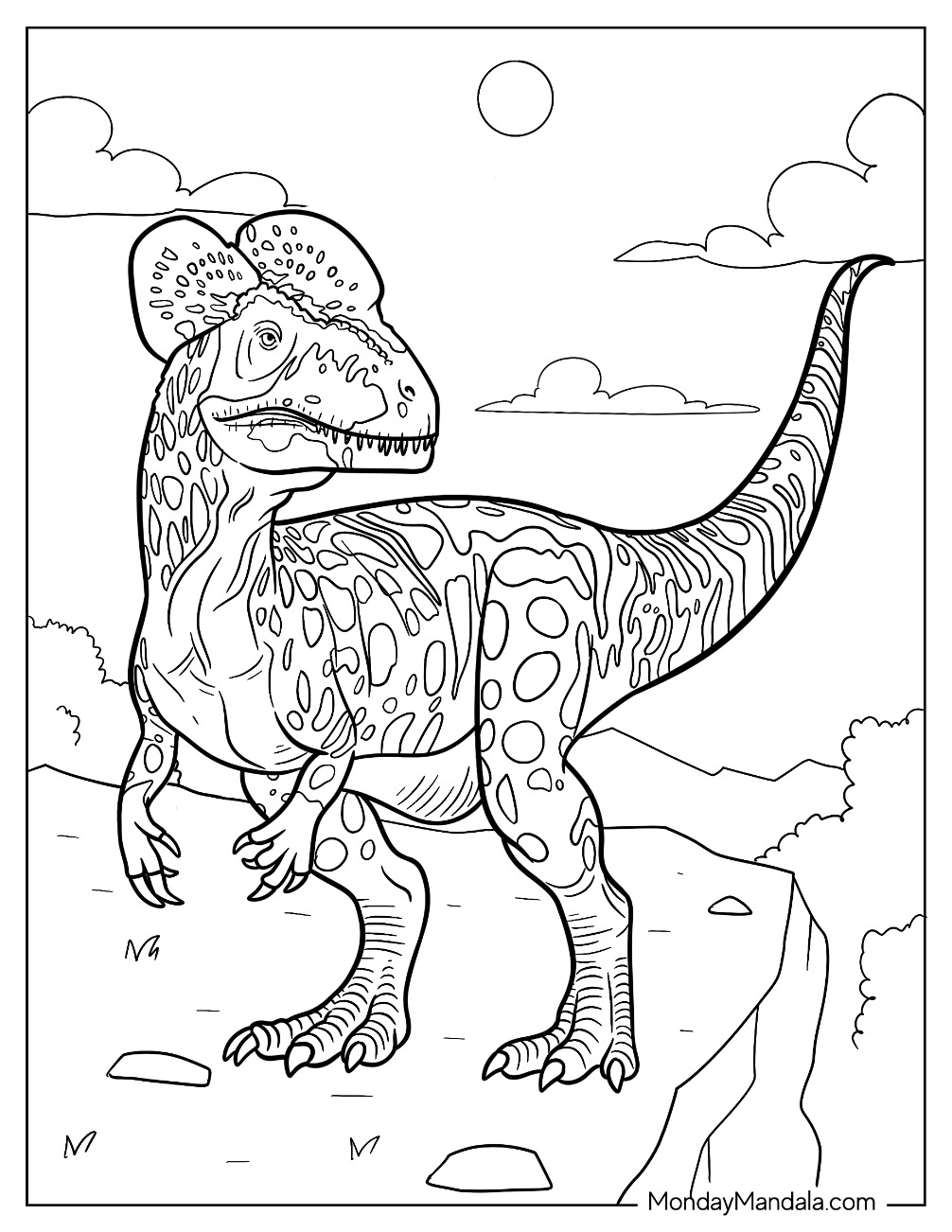 Large Detailed Dilophosaurus Coloring Page On A Rock coloring page — printable line art