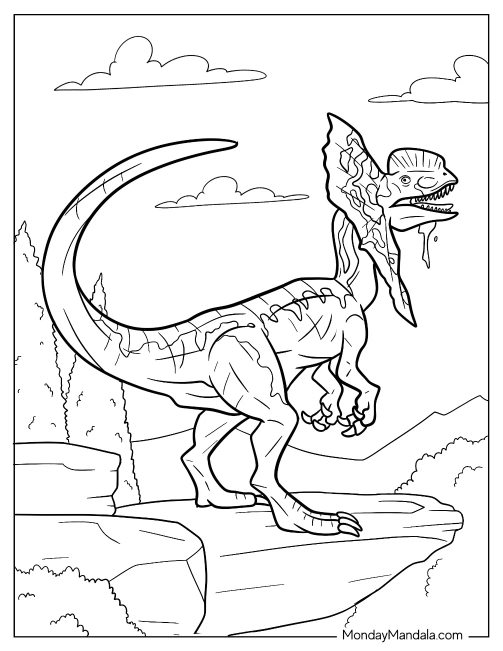 Realistic Dilophosaurus Coloring Page Standing On A Cliff coloring page