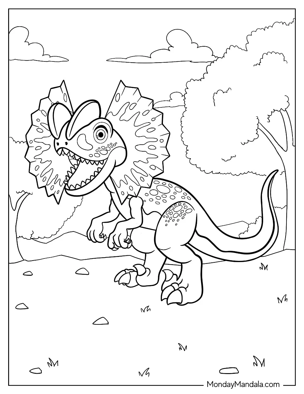 Smiling Dilophosaurus Coloring Page With Frills For Preschoolers coloring page