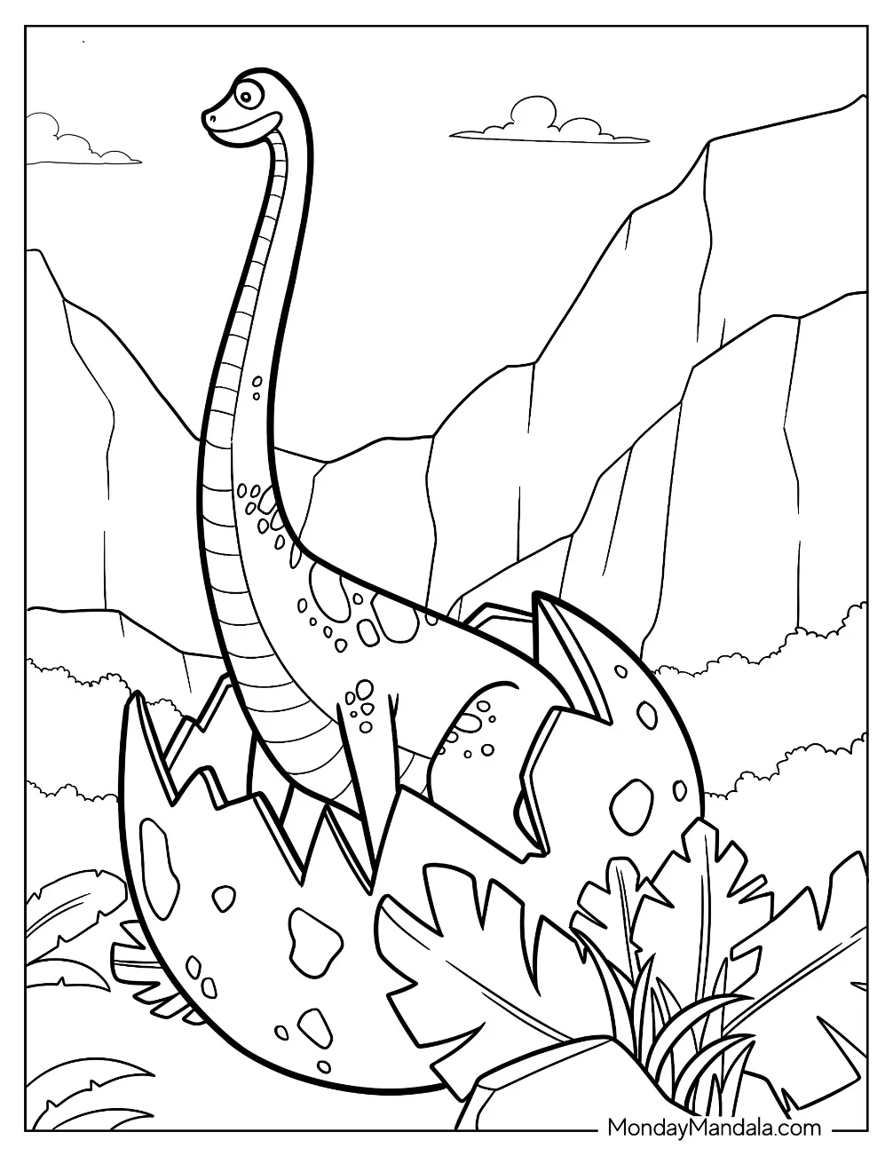 Baby Brachiosaurus Walking Out Of Dinosaur Egg Coloring Page coloring page — printable line art