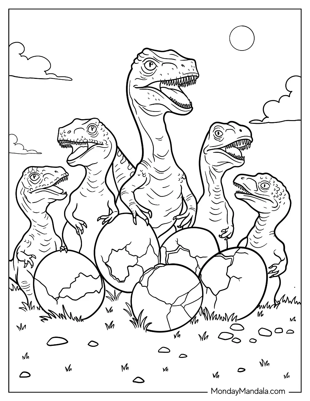 Baby Raptor Around Cracked Dinosaur Egg Coloring Page coloring page