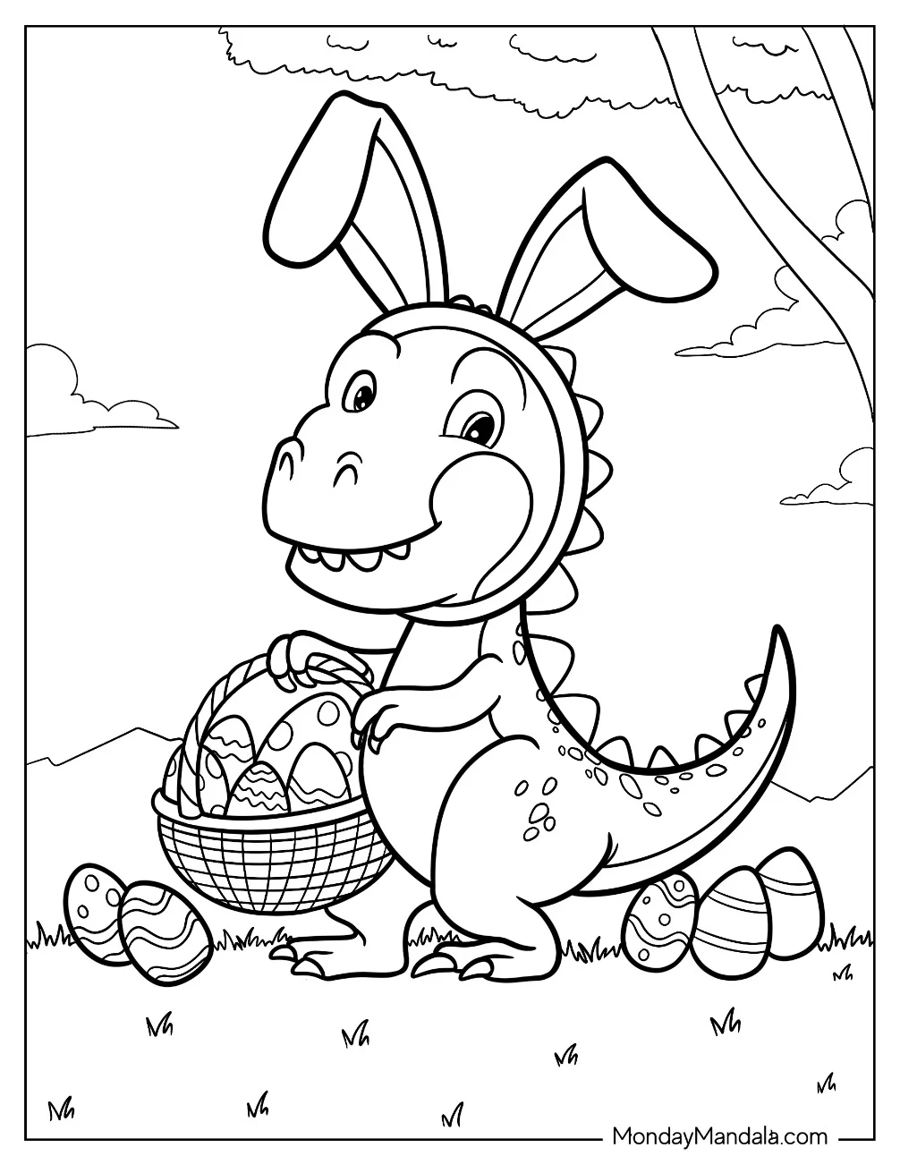 Chibi T Rex Carryying A Basket Of Dinosaur Egg Coloring Page coloring page