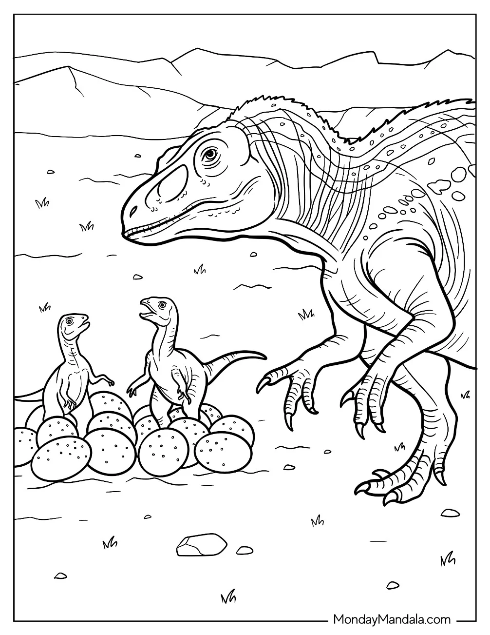 Dinosaur Watching Over Hatchlings And Dinosaur Egg Coloring Page coloring page