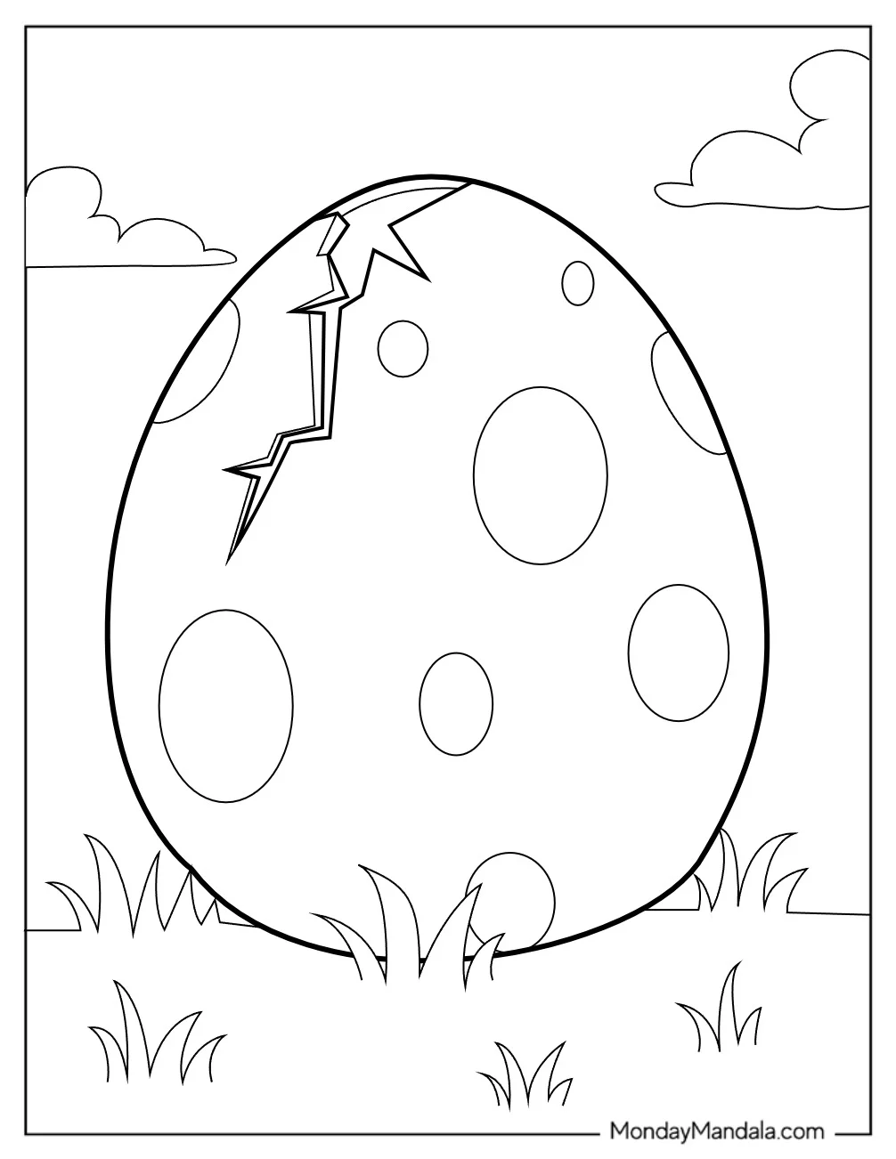 Easy Hatching Dinosaur Egg Coloring Page On The Grass For Preschoolers coloring page