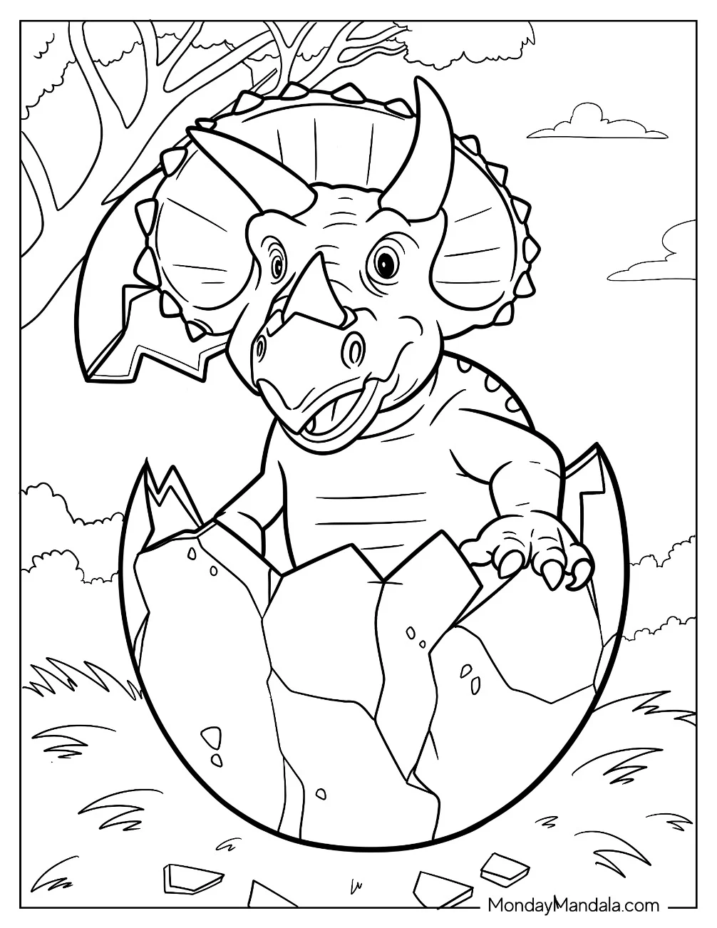 Happy Triceratops Hatching From The Dinosaur Egg Coloring Page coloring page