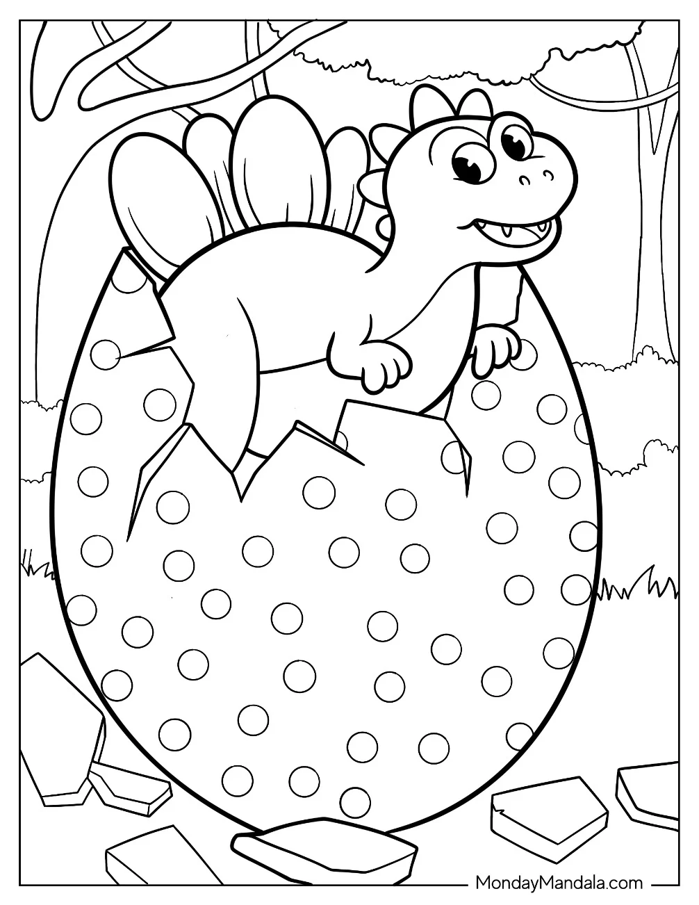 Kawaii Stegosaurus Coming Out Of Polka Dot Dinosaur Egg Coloring Page coloring page