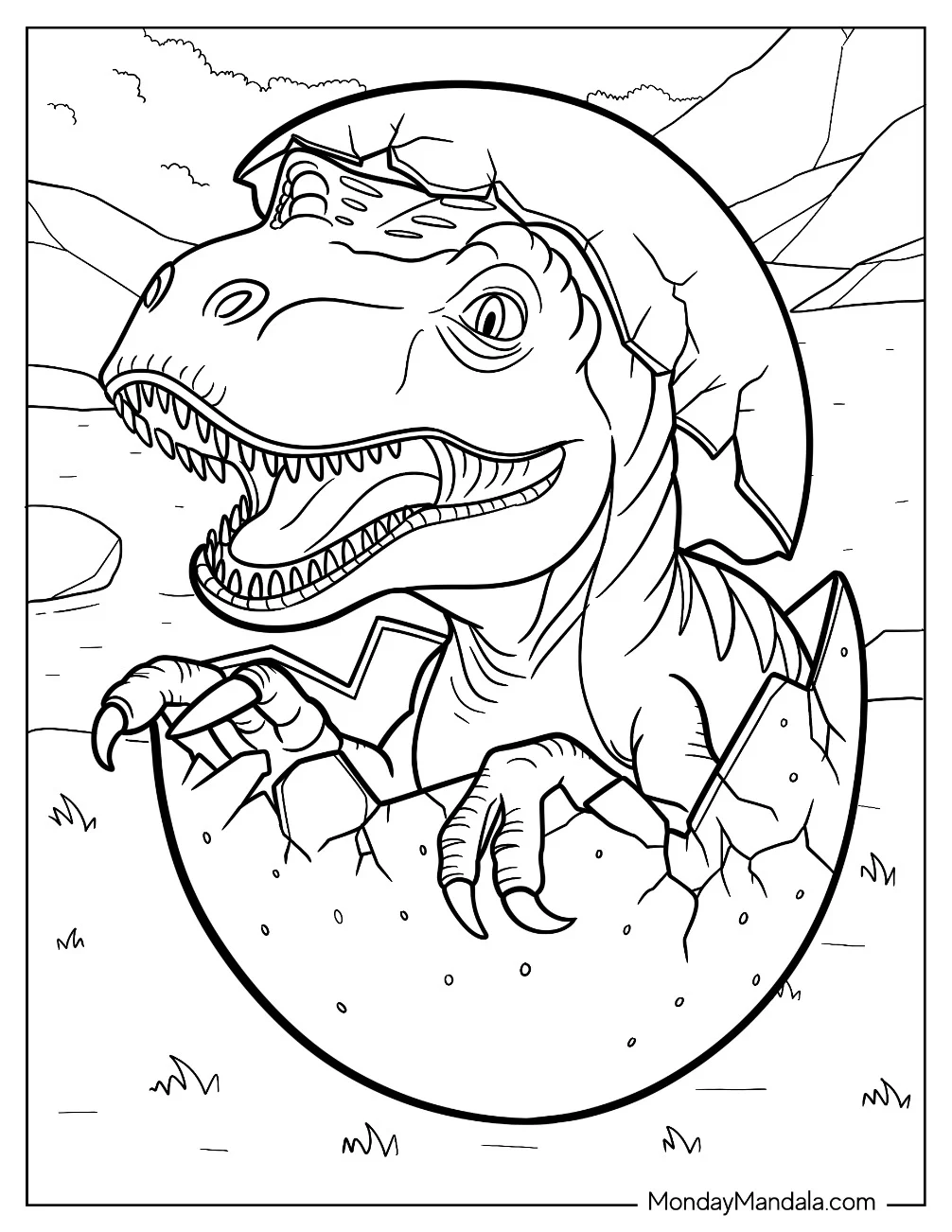 Realistic T Rex Coming Out Of Dinosaur Egg Coloring Page coloring page