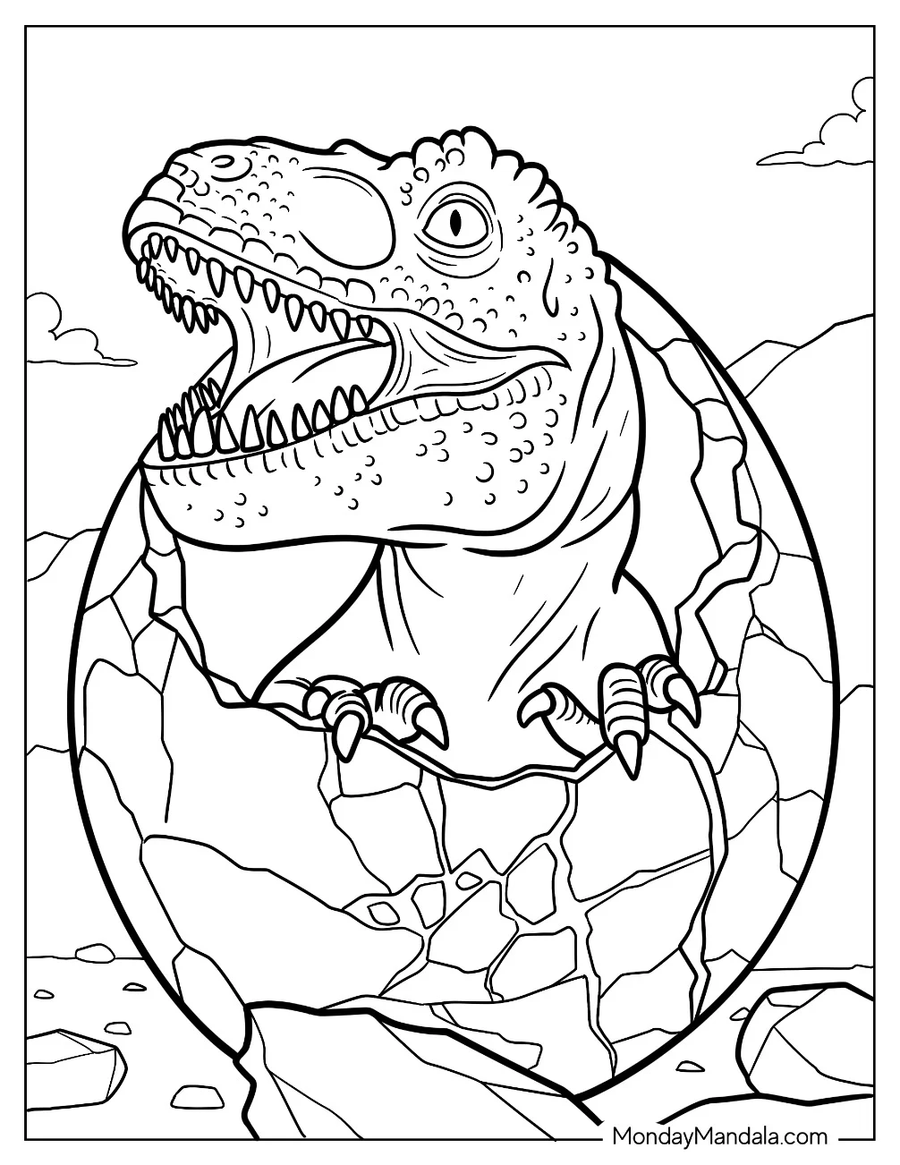 Scary Baby Dinosaur Hatching From Dinosaur Egg Coloring Page coloring page