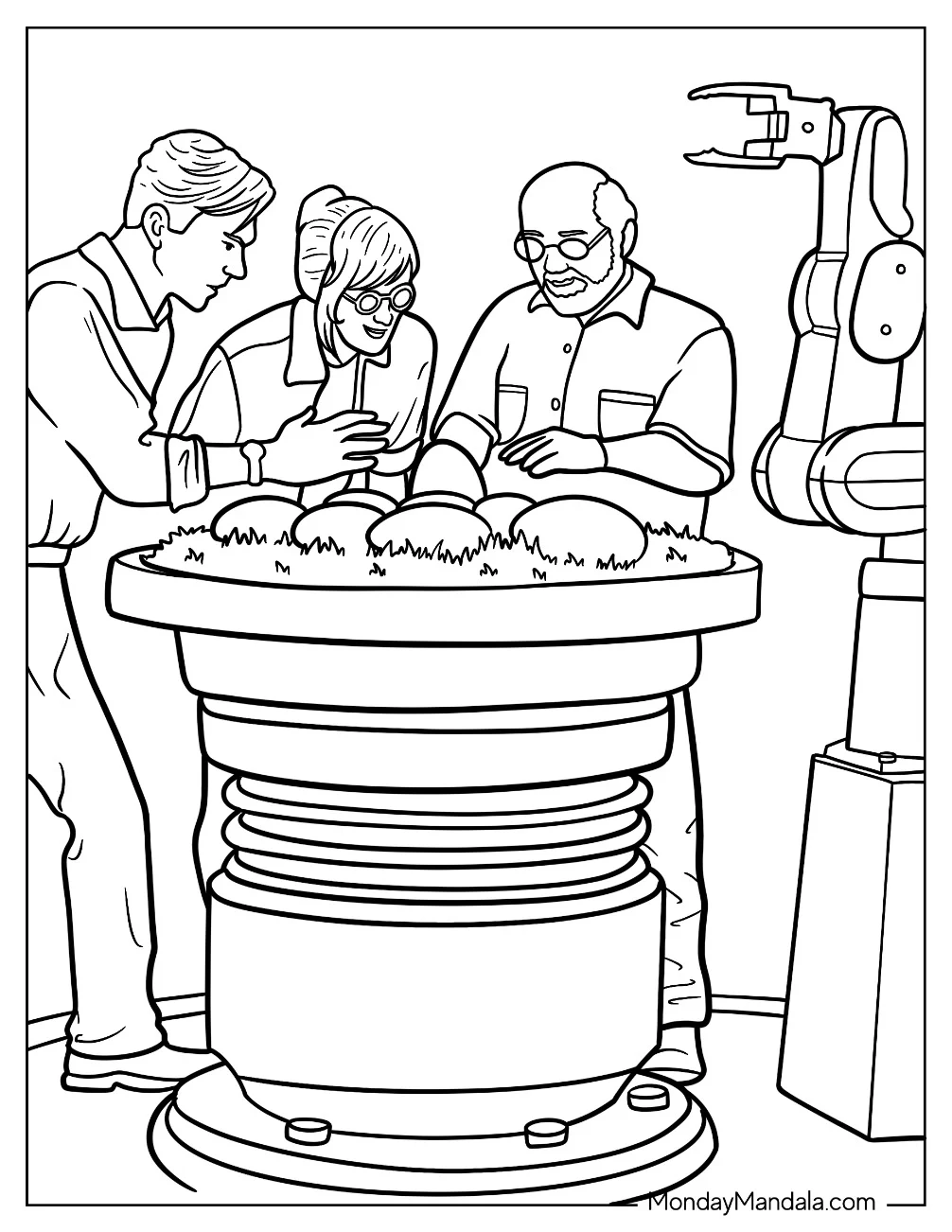 Scientists Studying Dinosaur Eggs Coloring Page coloring page — printable line art