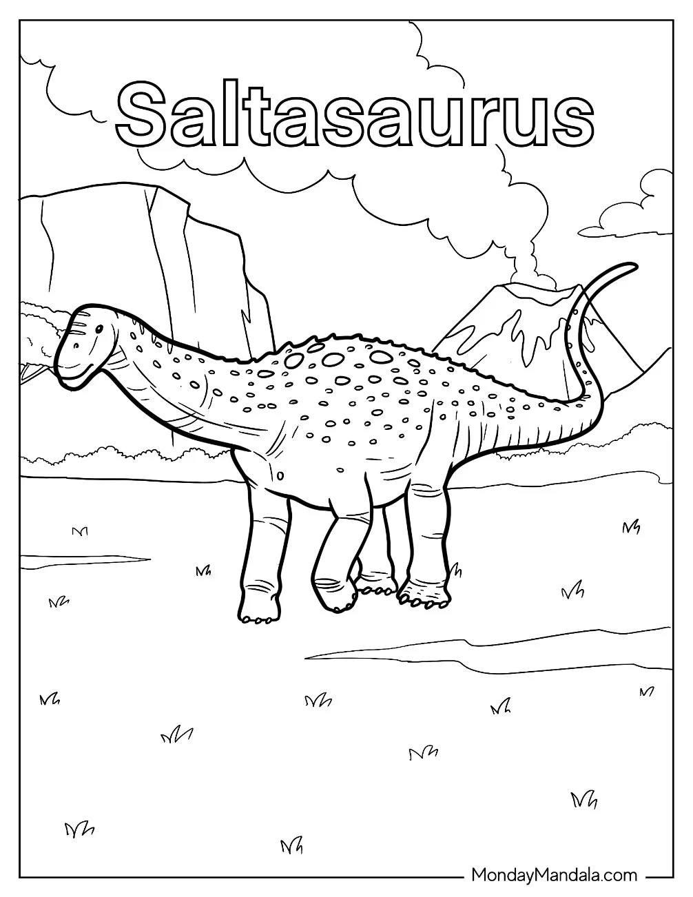 Cute Saltasaurus Dinosaur Coloring Page Of With Volcano In The Background coloring page — printable line art