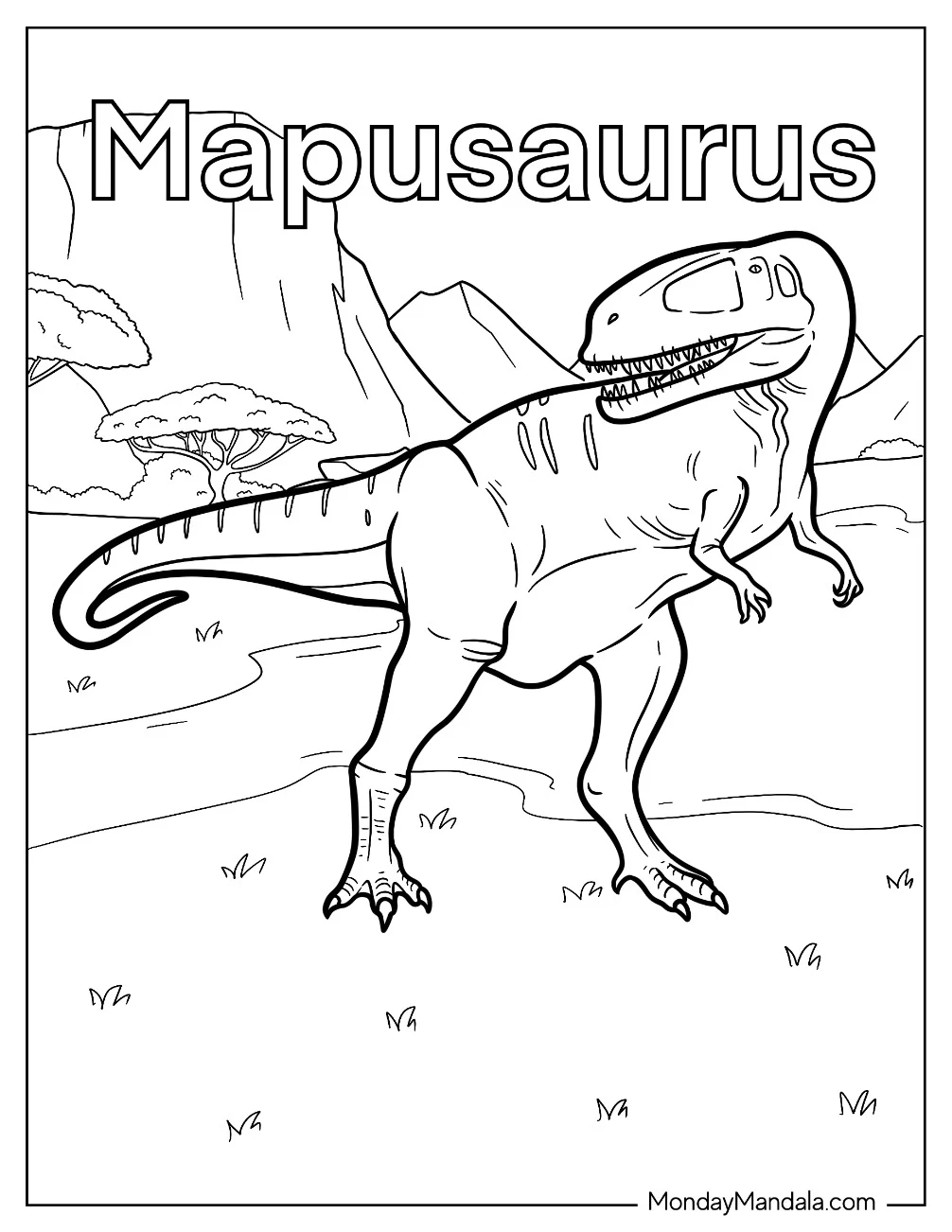 Dinosaur Coloring Page Of Mapusaurus In Mountain Landscape coloring page — printable line art