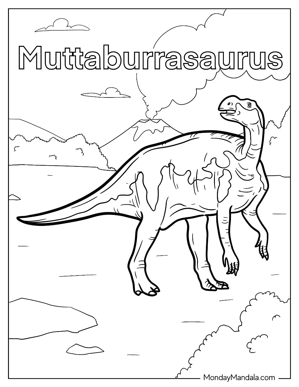 Dinosaur Coloring Page Of Muttaburrasaurus Outside The Forest coloring page — printable line art