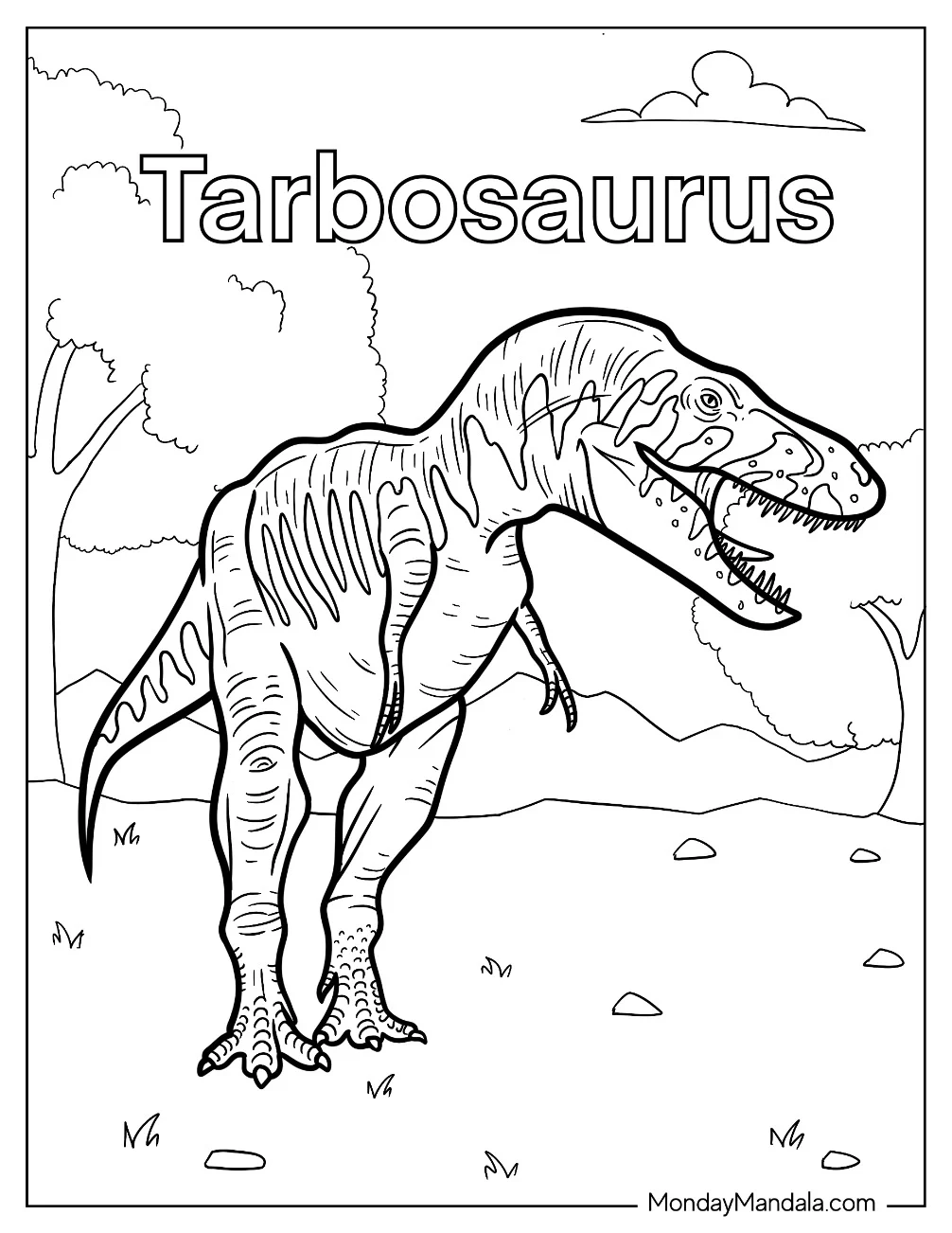 Dinosaur Coloring Page Of Striped Tarbosaurus In Nature coloring page