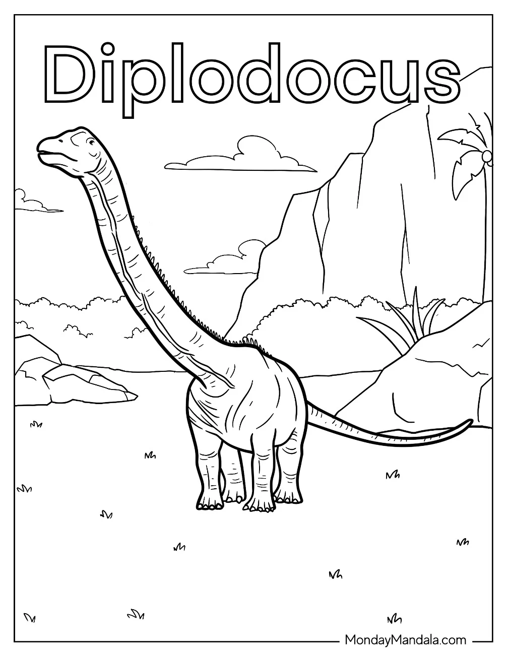Diplodocus Dinosaur In Rocky Terrain Coloring Page coloring page