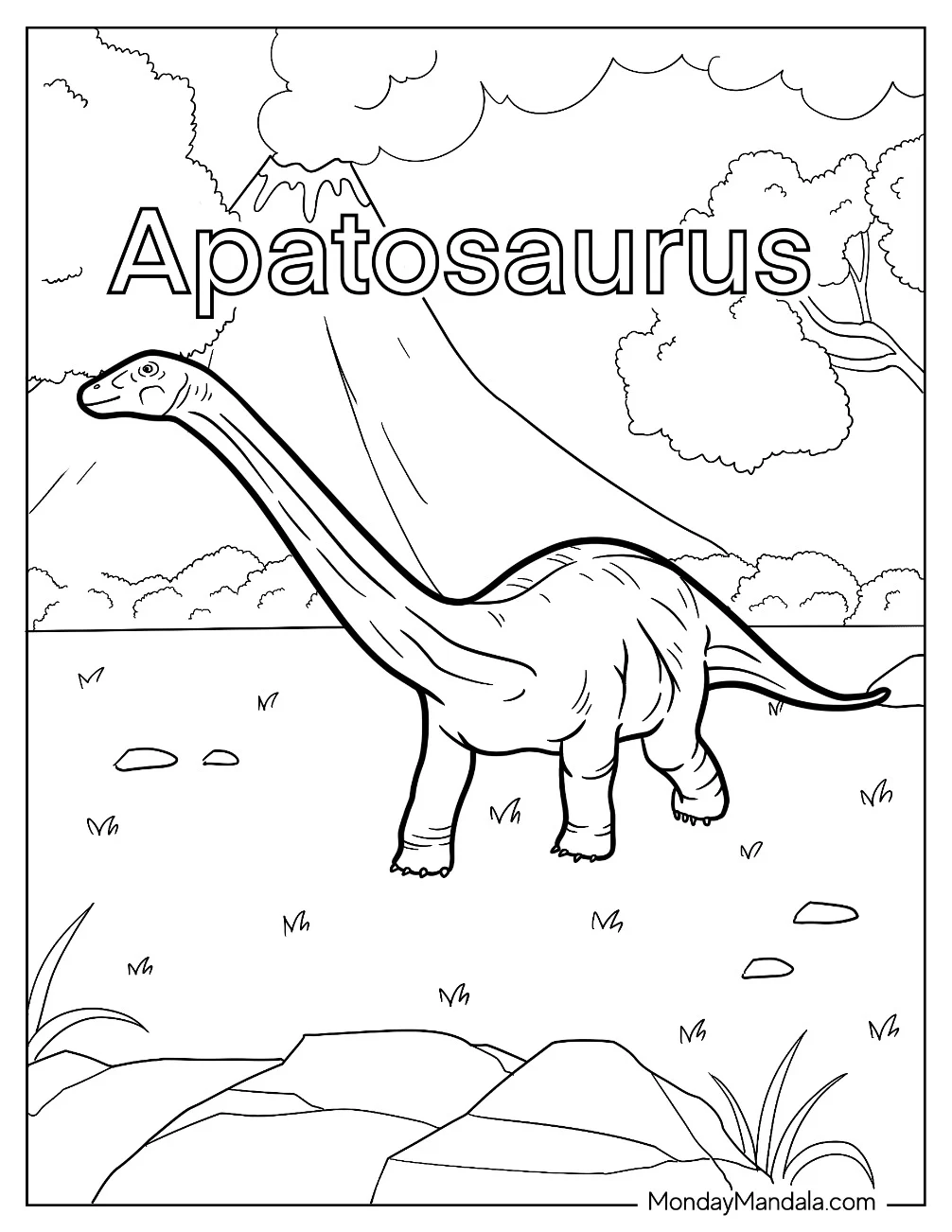 Little Apatosaurus With Volcano In The Background coloring page