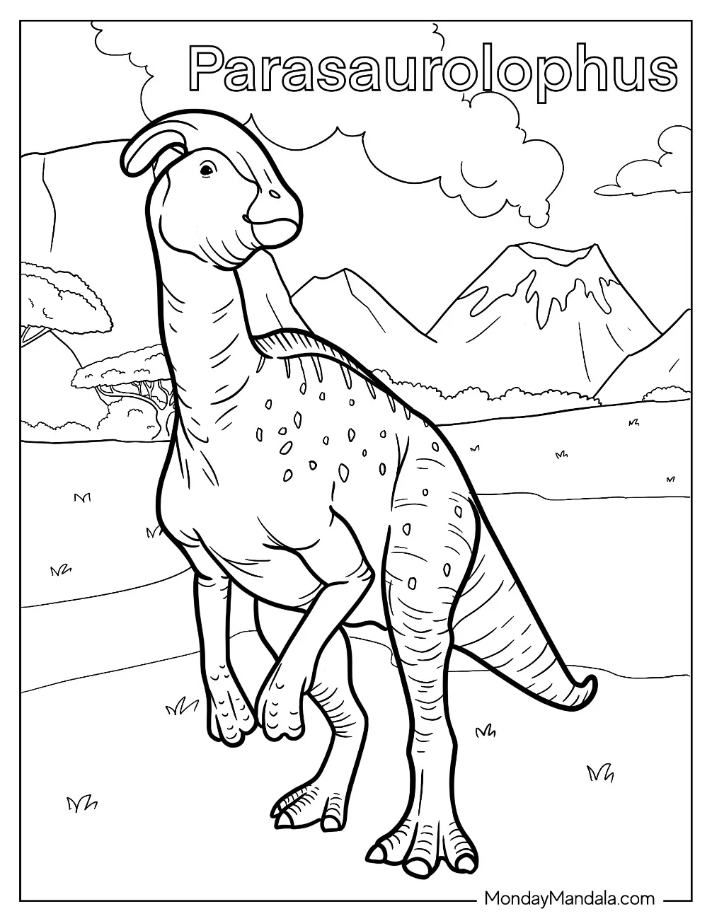 Parasaurolophus Dinosaur With Volcano In The Background coloring page