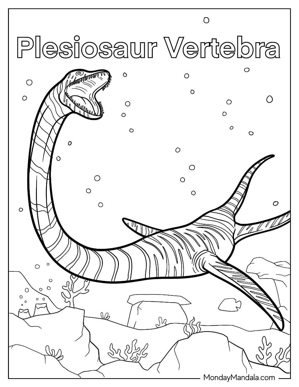 Plesiosaur Vertebra Dinosaur Swimming Coloring Sheet coloring page — printable line art