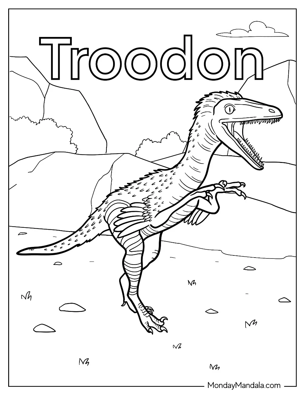 Scary Troodon In The Mountain Coloring Page coloring page
