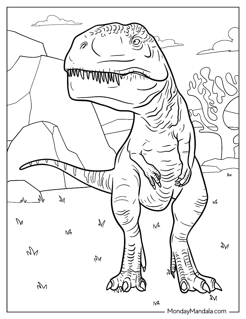 Chibi Gigantosaurus Coloring Page Standing Beside Rocks coloring page