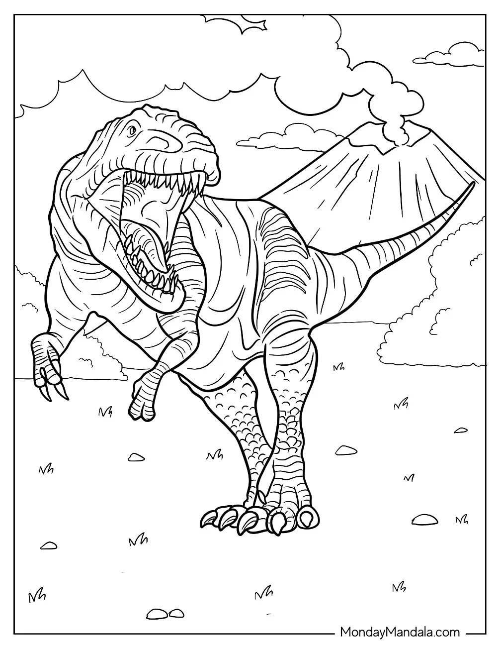 Gigantosaurus Coloring Page Roaring In Front Of A Smoking Volcano coloring page
