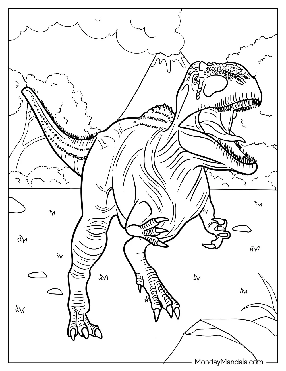 Gigantosaurus Coloring Page Running And Growling With Volcano In The Background coloring page