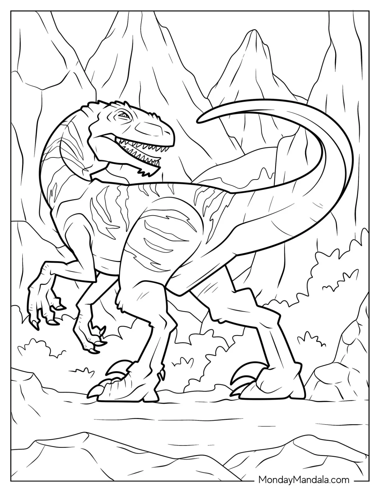 Detailed Indominus Rex Coloring Page In The Woods coloring page — printable line art