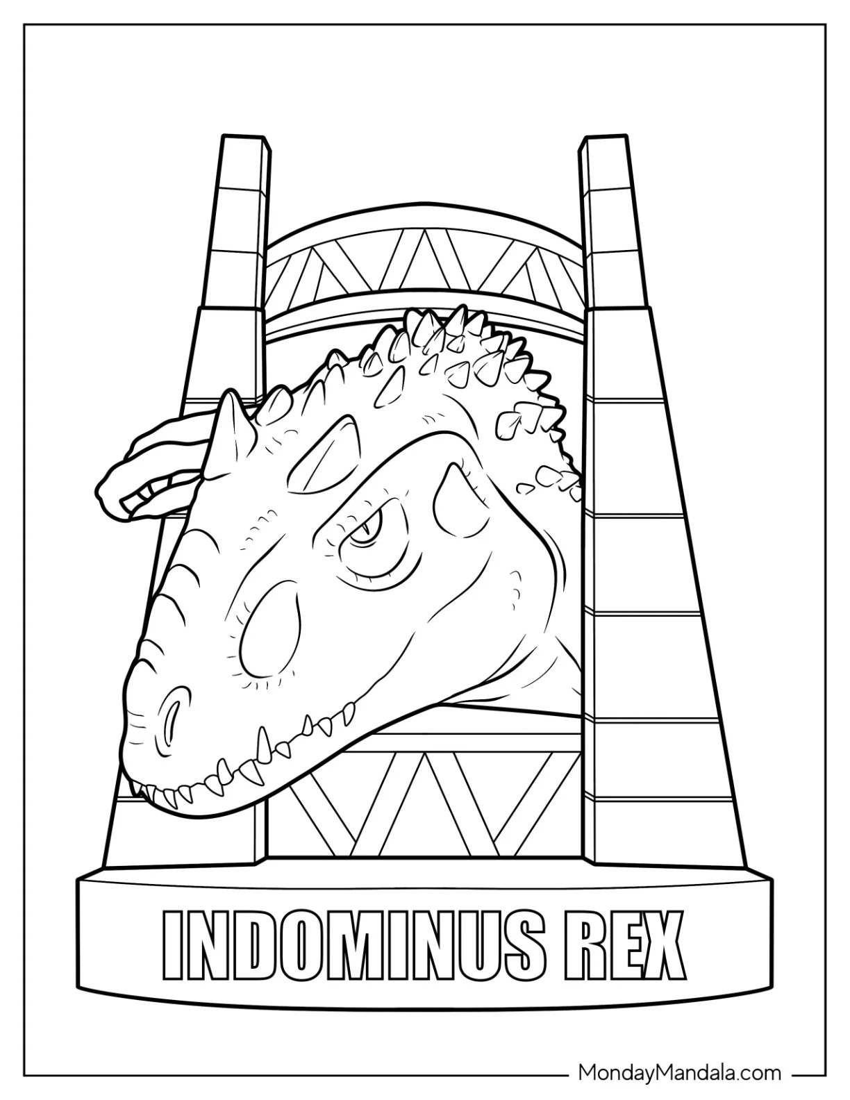 Indominus Rex Coloring Page Head Poking Out Of Jurassic Park Gate coloring page