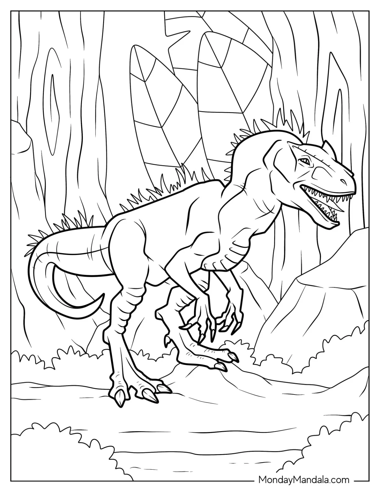 Indominus Rex Coloring Page In The Forest coloring page — printable line art