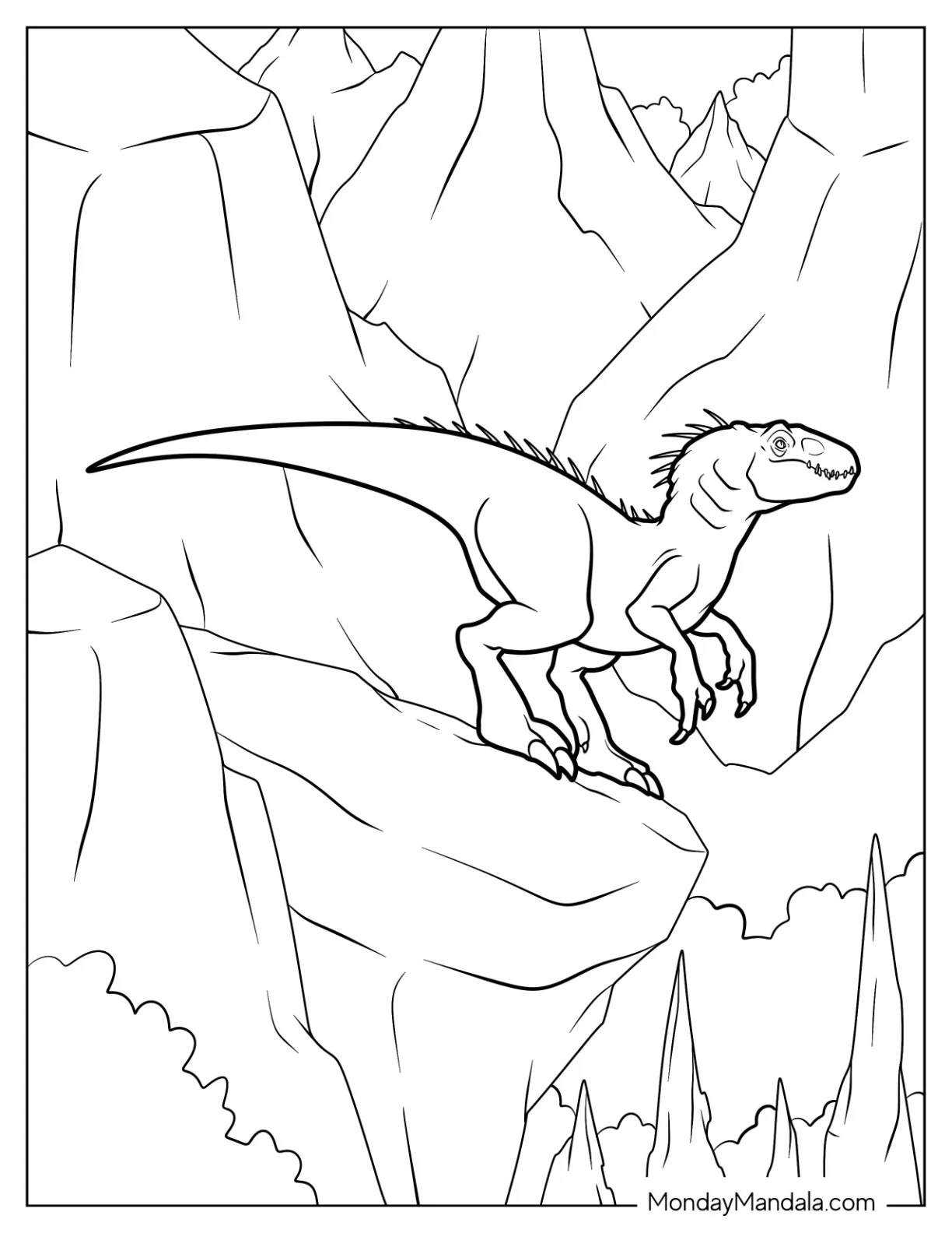 Indominus Rex Coloring Page Standing On A Cliff For Kids coloring page