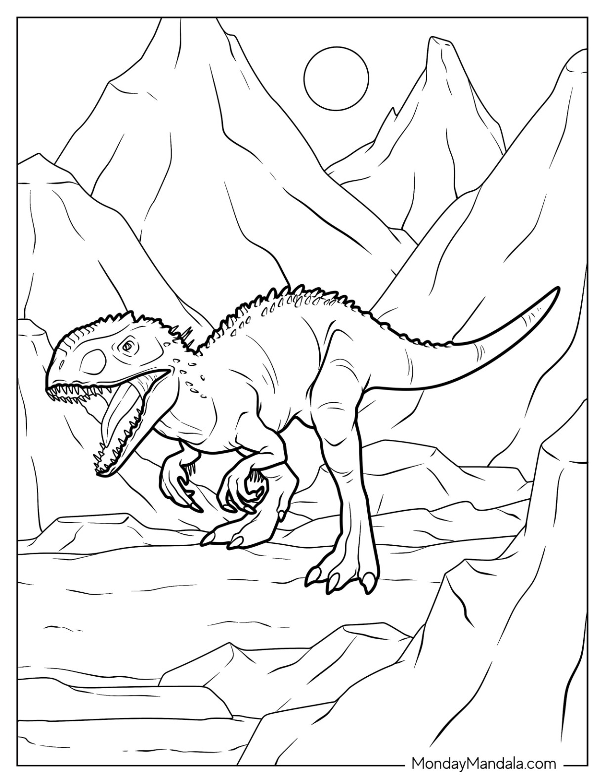 Small Indominus Rex Coloring Page In The Mountains coloring page