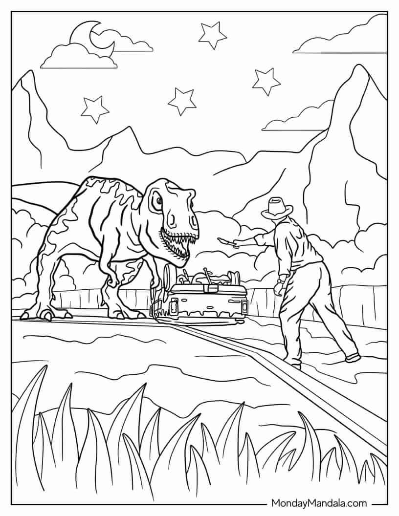 Alan Waving Flare In Front Of T-Rex To Color coloring page