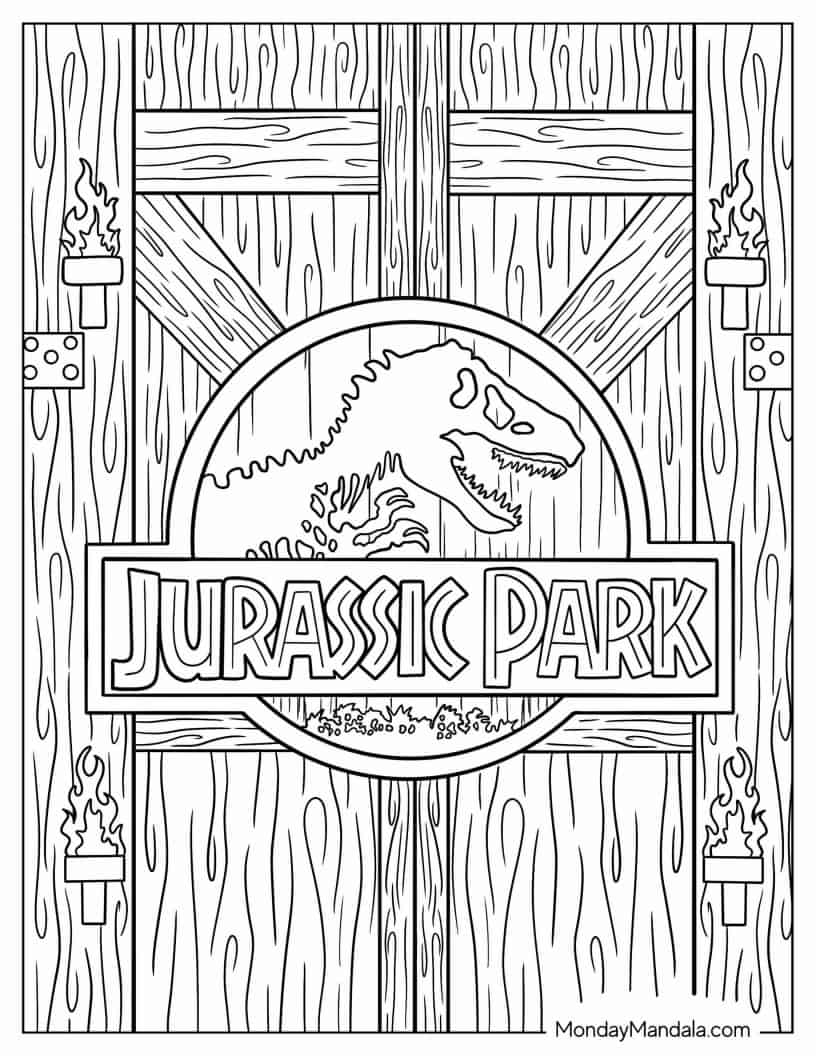 Detailed Jurassic Park Logo On Gate coloring page