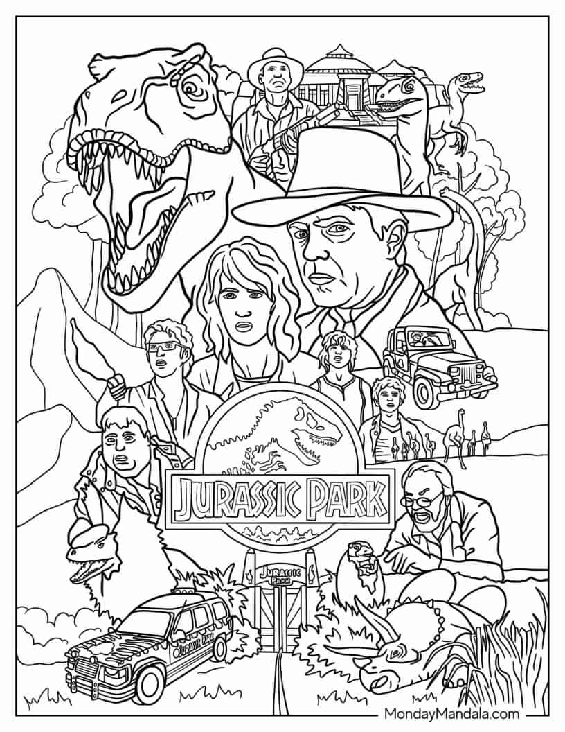 Jurassic Park Poster With Characters To Color coloring page