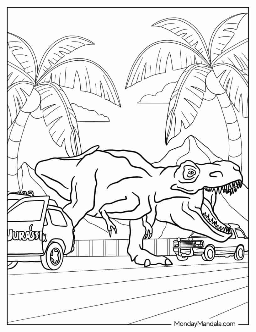 Jurassic Park T-Rex Escaping Enclosure To Color coloring page
