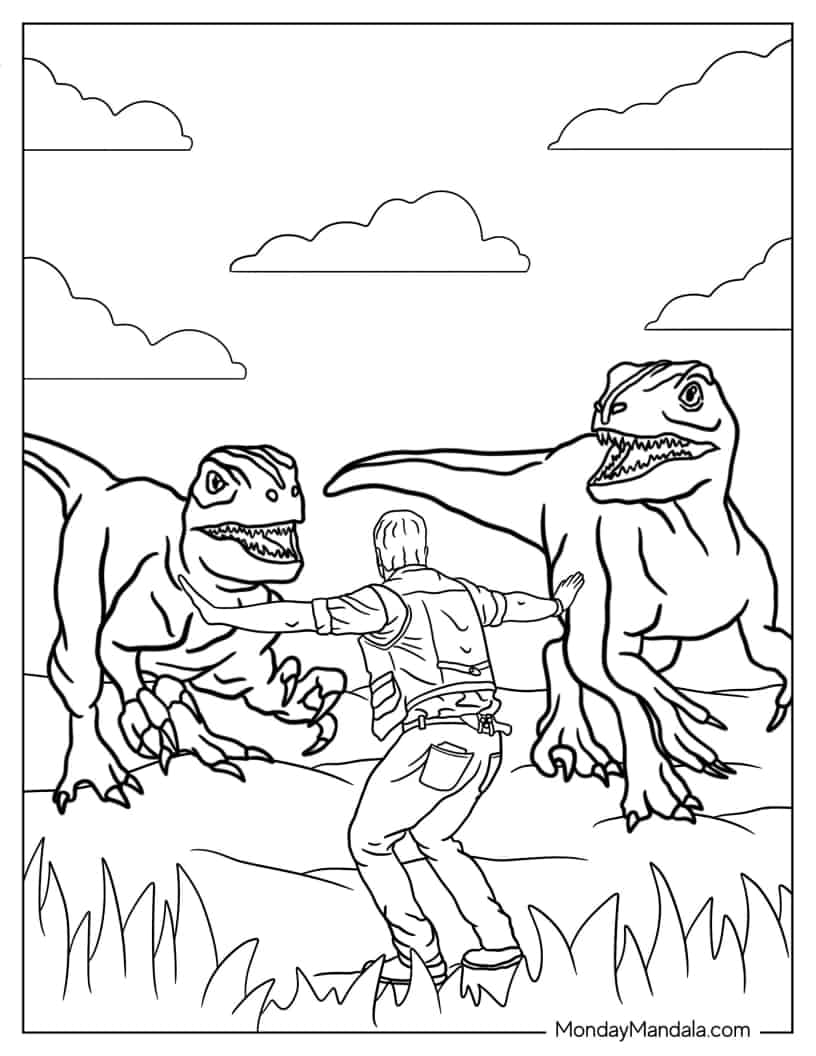 Jurassic World Dinosaur Handler With Velociraptors To Color coloring page