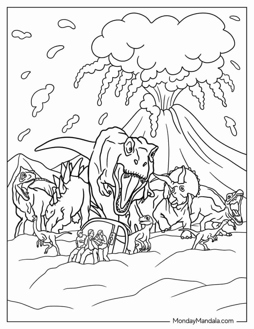 Jurassic World With Exploding Volcano And Dinosaurs coloring page
