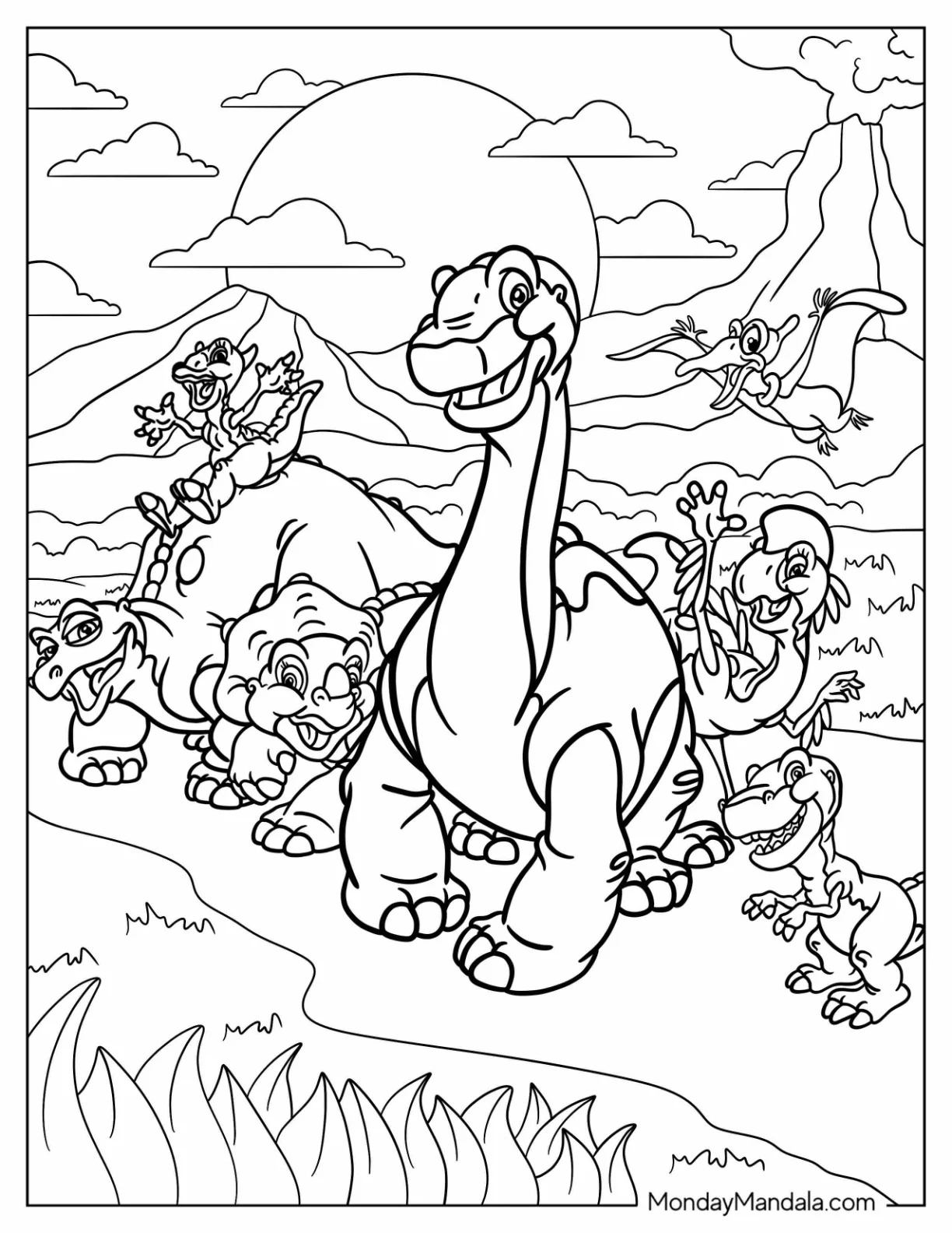 Detailed Land Before Time Characters in the Mountains Coloring Page coloring page — printable line art
