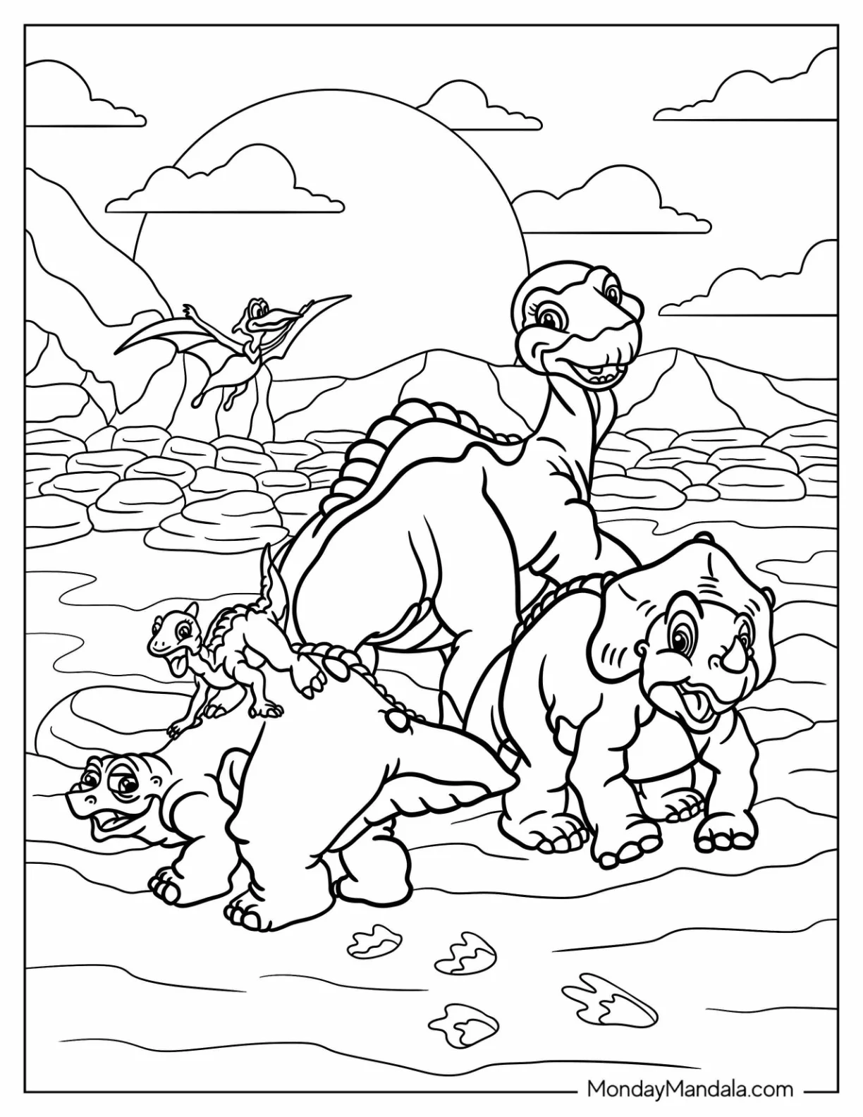 Land Before Time Cera, Littlefoot, Spike, Petrie, And Ducky On Rocky Terrain coloring page