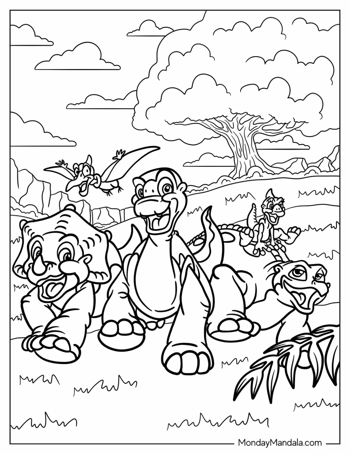 Land Before Time Dinosaurs Running Coloring Page coloring page — printable line art