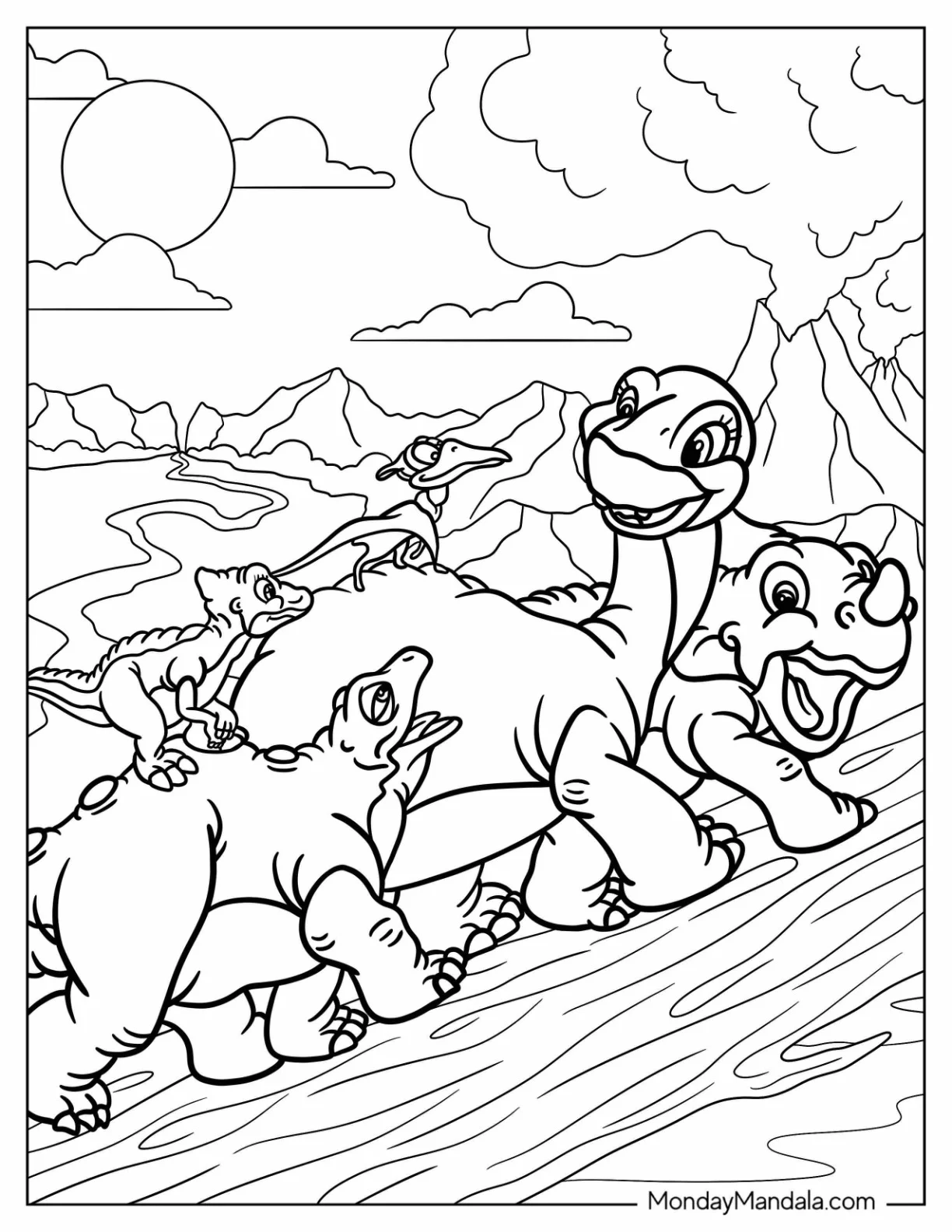 Land Before Time Littlefoot, Cera, Ducky, Petrie, And Spike Walking Up The Mountain coloring page — printable line art