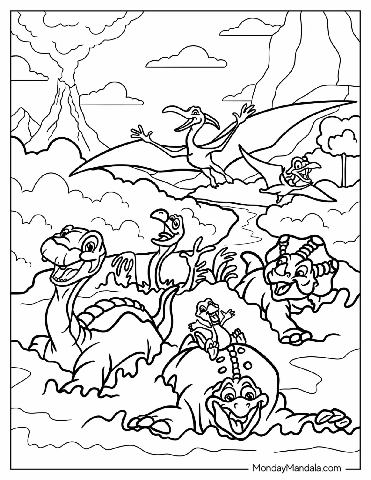 Land Before Time Littlefoot, Spike, Ducky, Cera, And Petrie coloring page — printable line art