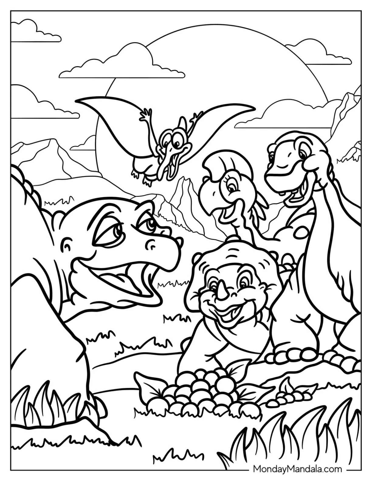 Land Before Time Spike With Littlefoot, Cera, Petrie, And Ruby In The Mountain Coloring Sheet coloring page