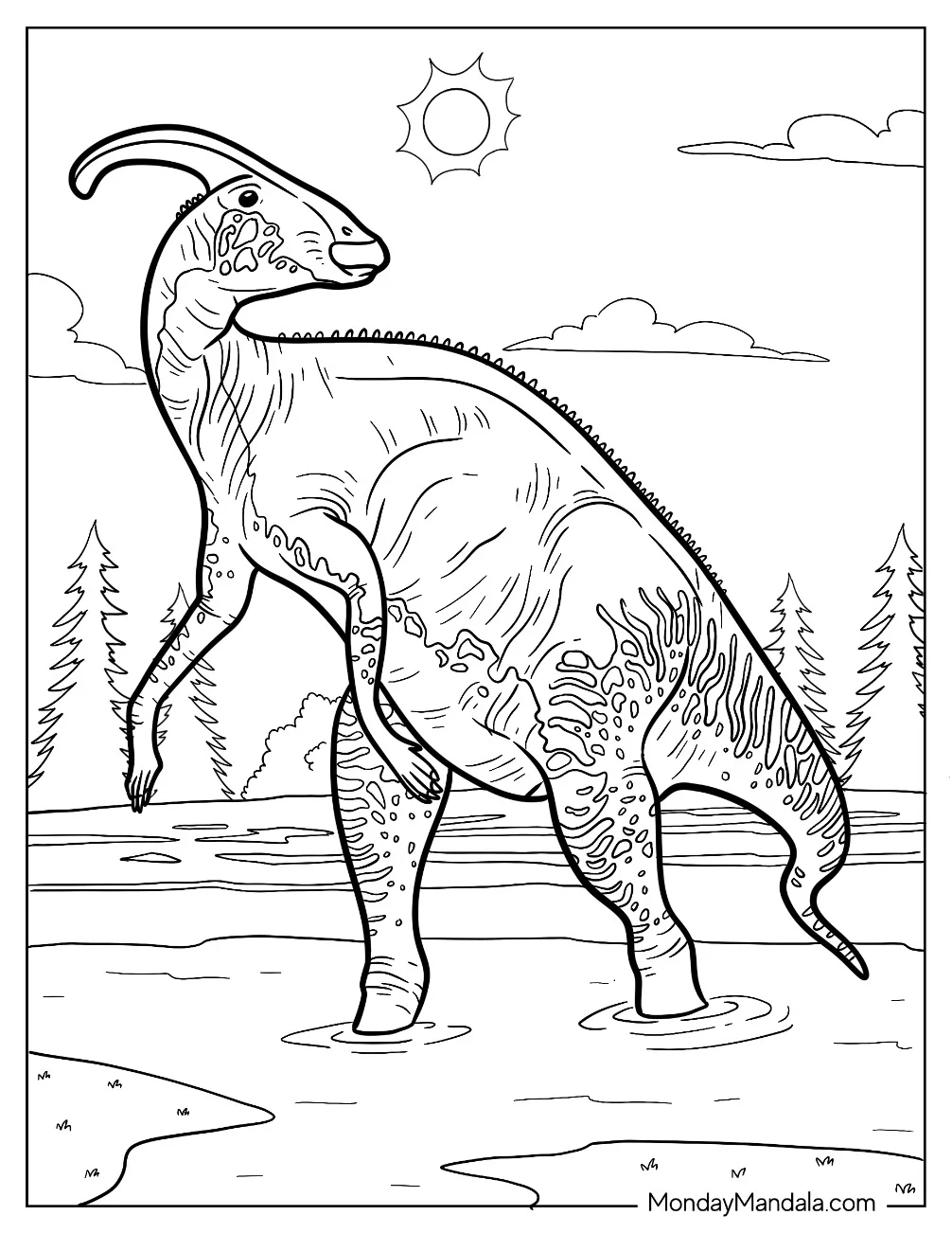 Detailed Parasaurolophus Coloring Page In The Water coloring page