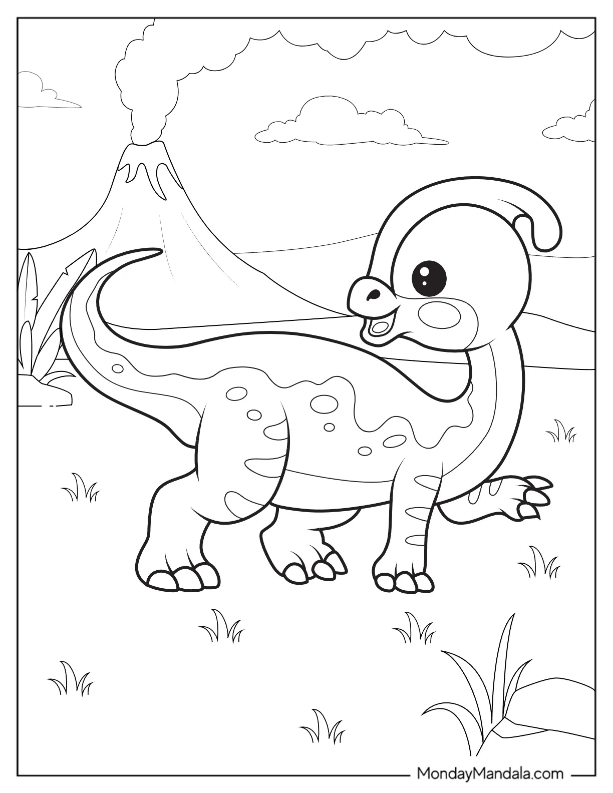 Kawaii Parasaurolophus Coloring Page With Volcano For Preschoolers coloring page — printable line art