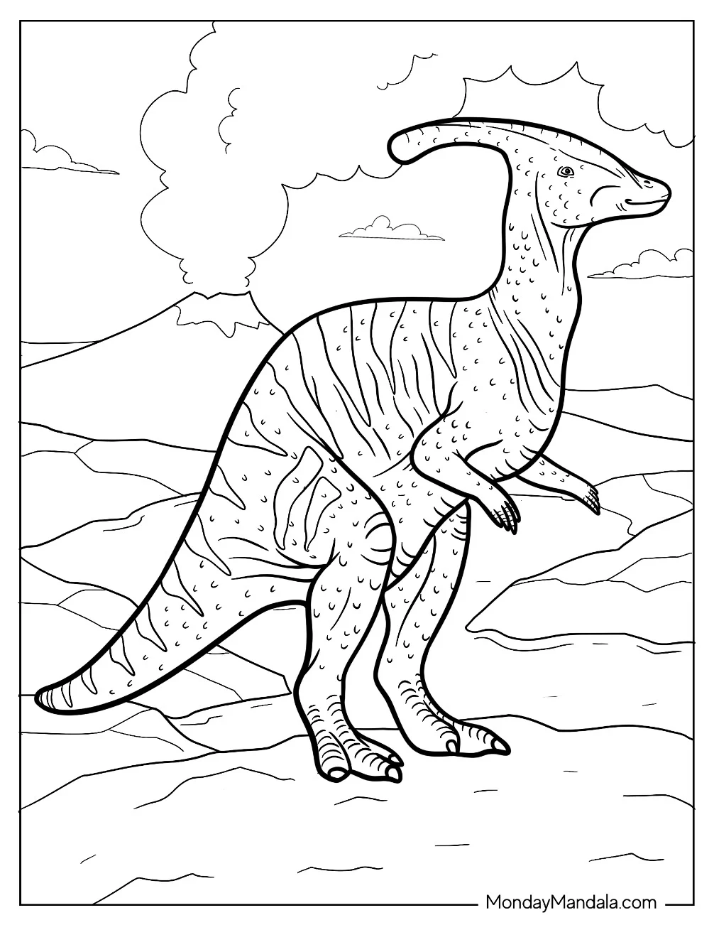 Parasaurolophus Coloring Page Standing In Front Of Volcano coloring page